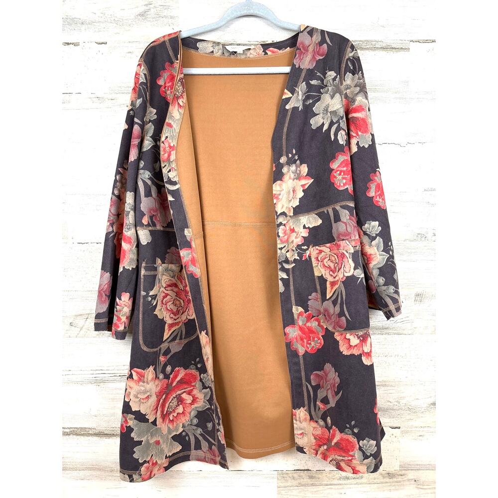 Solitaire Womens M Gray Floral Open Front Cardigan Boho Jacket